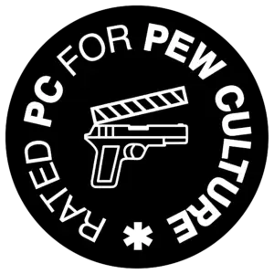 "Rated PC for Pew Culture" logo featuring a stylized gun design.